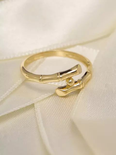 Stunning Bamboo Design With Tiny Bead Solid 10K Yellow Gold Cuff Style Band Ring