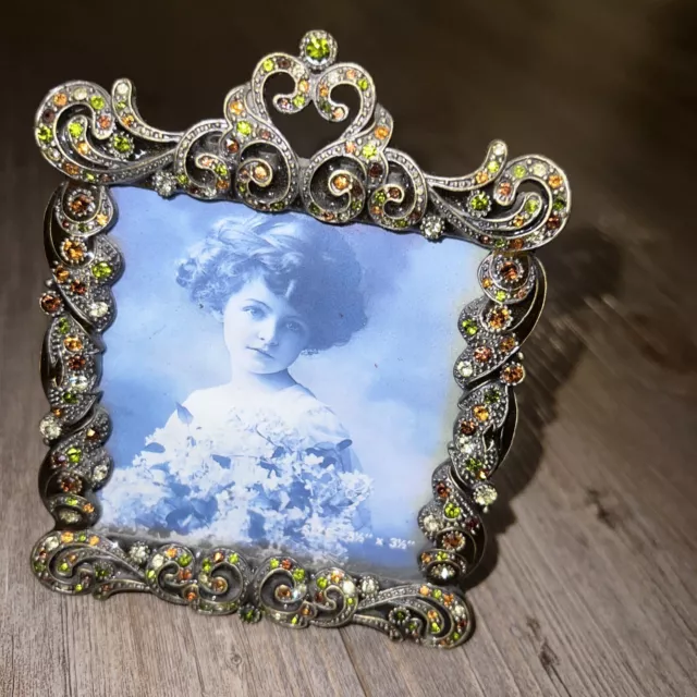 TIZO ITALY CRYSTAL & ENAMEL Scroll /JEWELED PICTURE FRAME 3.5"x 3.5” Heavy