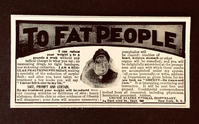 1905 Quack Medicine Advertisement Fat People Lose Weight Cure Antique Print AD