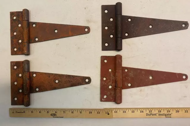 4 Vintage 10'' Farm Barn Door Gate Hand Forged Strap Hinges Great Patina Set