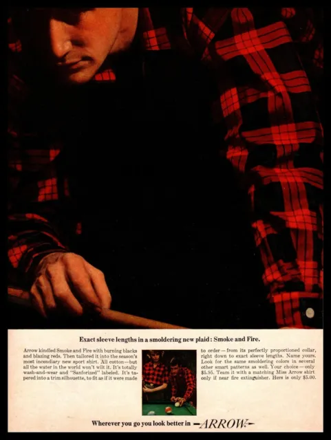 1963 Arrow "Smoke & Fire" Plaid Shirts Man Playing Pool Billiards Table Print Ad