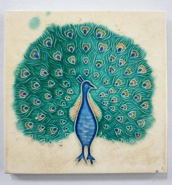 Vintage Majolica Tile DANCING PEACOCK  6in x 6in Japan (6779)