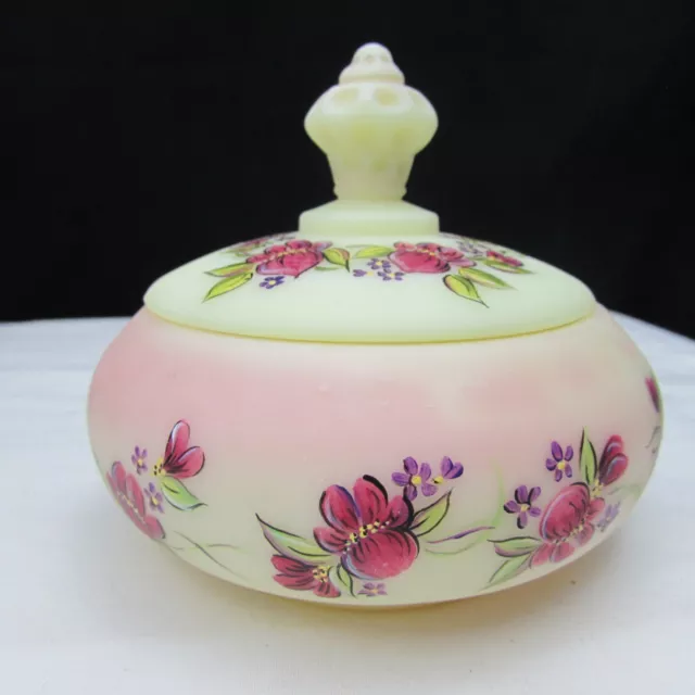 Fenton Burmese OOAK Floral Hand Painted Powder Puff Box Sandy Davis 2015 W828