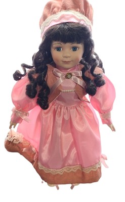 Dark Brunette Porcelain Doll 16.5" Dark Pink Dress Outfit Accessories & Stand