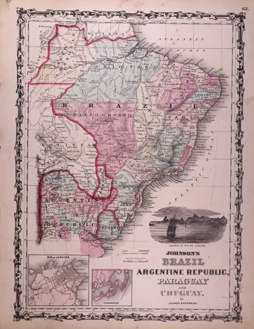 1861 Map ~ BRAZIL - ARGENTINA ~ Original Johnson Atlas (14x18) -#1572