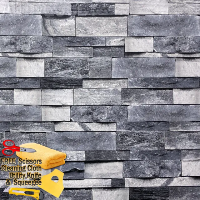 3ft x 30ft 3D Stone Rock Wallpaper Background Vinyl Film Sticker Gray 36" x 360"