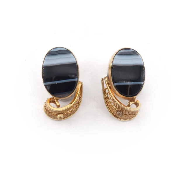 Vintage Gold Fill Van Dell Agate Filigree Earrings Clip On Screw Backs Costume