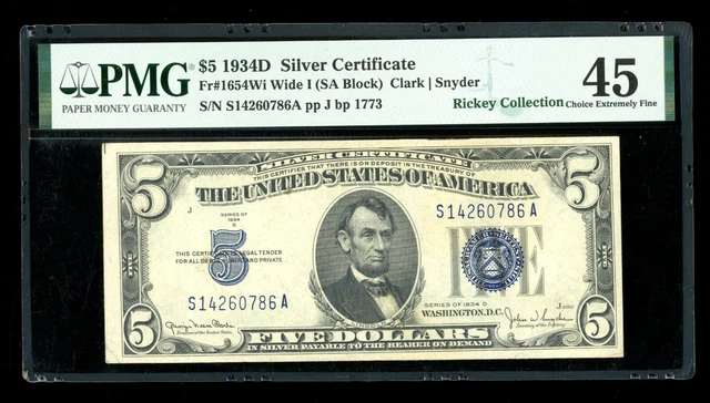 DBR 1934-D $5 Silver Fr. 1654Wi Wide I SA Block PMG 45 Serial S14260786A