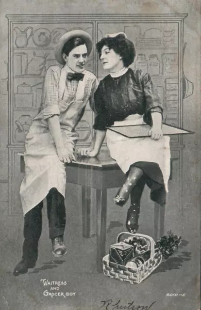 1908 VINTAGE COMIC Waitress and Grocer Boy POSTCARD - send to Stockton NJ USA