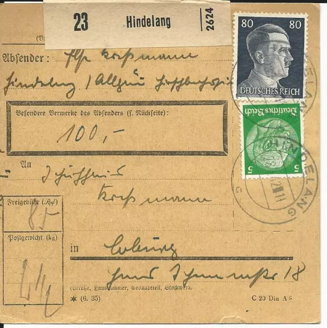 DR 1942, 80+5 Pf. auf Wert-Paketkarte v. Hindelang.