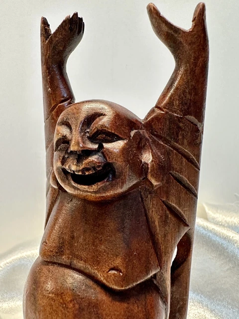 BUDDHA STATUE Vintage GOOD FORTUNE Hand Carved Wood Carving Happy Laughing LUCKY