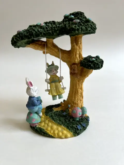 Easter Bunnies on a Tree Swing Figurine Spring Floral Birds Eggs Decoration,