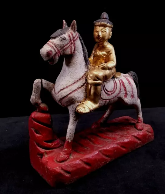 Vintage Burma Myanmar Hand Carved & Painted Gilded Nat Warrior Figure On Horse