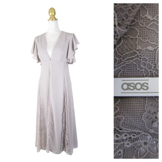 Asos Womens Gray Tan Beige Lace Flutter Sleeve V-neck Midi Dress Size 8 Formal