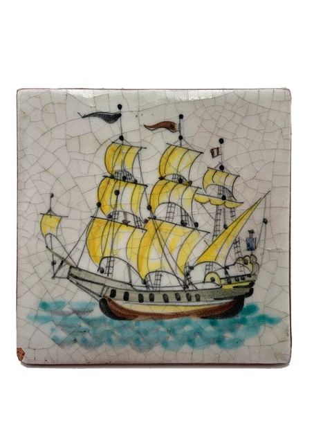 Antique Italian Tile Polychrome Majolica Glazed Terra Cotta Clipper Ship Italy