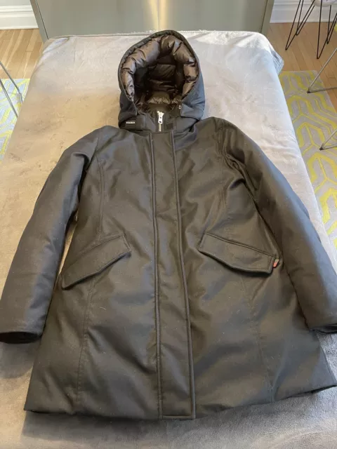Black Woolrich Down Arctic Parka with Loro Piana Storm System Dream Tweed Fabric
