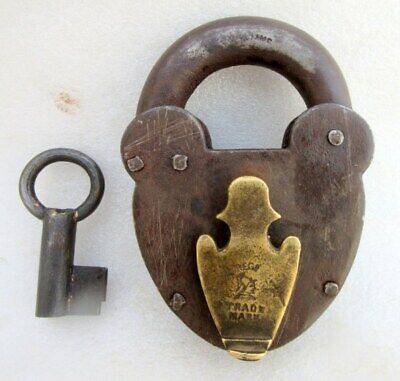 Vintage Old Rare Hand Forged Iron Brass Decorated Key Hole Rare Padlock With Key