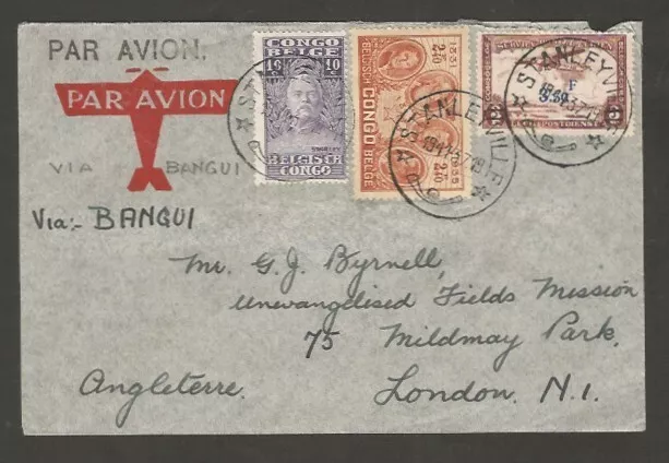 Congo Belgium To UK Airmail Via Bangui Cover 1937 w 3 Colour Stamps