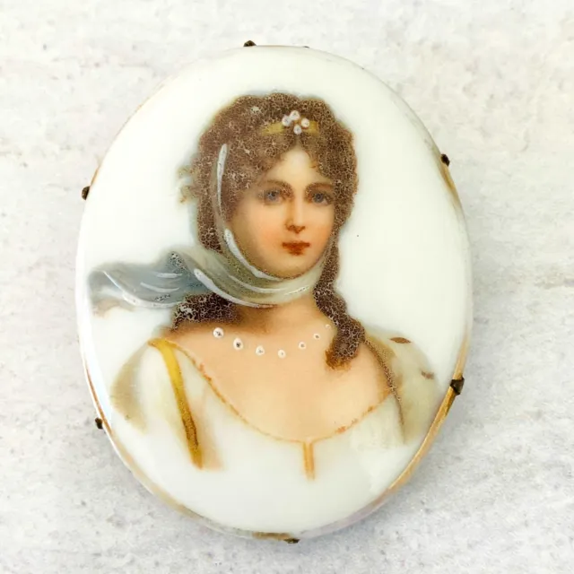 Antique Victorian Lge Portrait Brooch Pin Porcelain Transfer 2.25in Tall Gold Pl