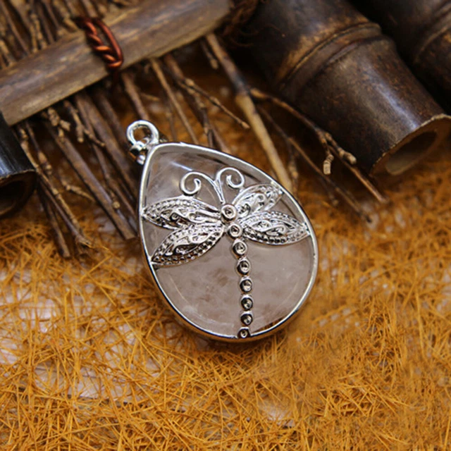 Natural Amethyst Rose Quartz Stone Dragonfly Reiki Healing Amulet Drop Pendant