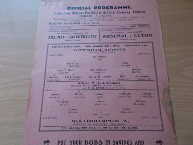 Tottenham v Wolverhampton programme dated 25-8-1945   (ToT025)