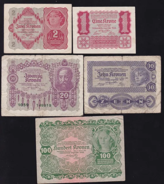 Austria --- 1, 2, 10, 20 And 100  Kronen  1922 ---- Vg/F/Vf ----