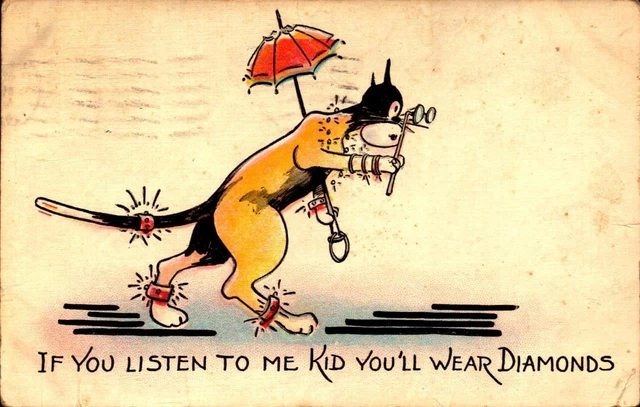 Comical Cats- IF YOU LISTEN TO ME YOU'LL WEAR DIAMONDS-VINTAGE 1926 POSTCARD BKC