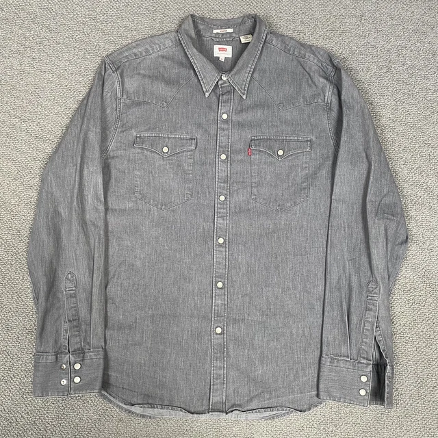 Camicia Levis Uomo XL Extra Large Denim Grigio Manica Lunga Bottone Elasticizzato