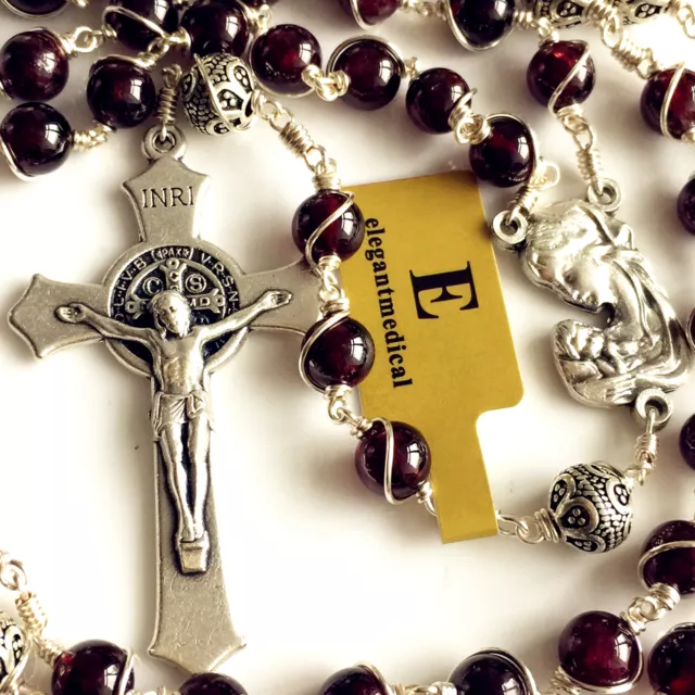 Wire Wrap Garnet & 925 Sterling Silver Beads Catholic ROSARY Crucifix NECKLACE
