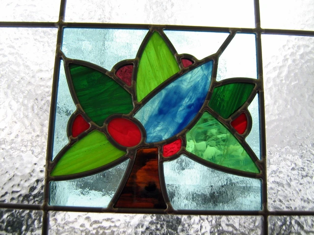 large leaded framed stained glass panel transom*antique wooden window decor art 9