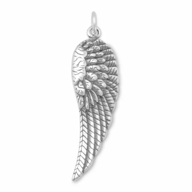 14K White Gold Finish Angel Wing Charm 27mm Long Feather Drop Men Bikers Pendant