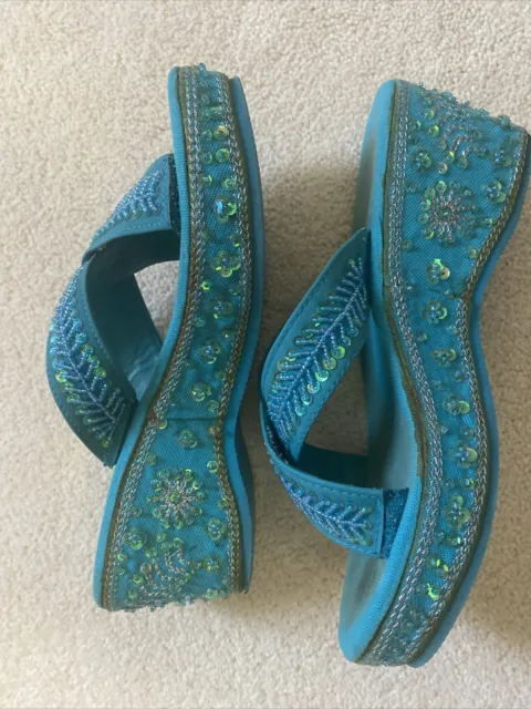 Beaded Wedge Sandals Turquoise Women’s Open Toe Slide Shoes Size8