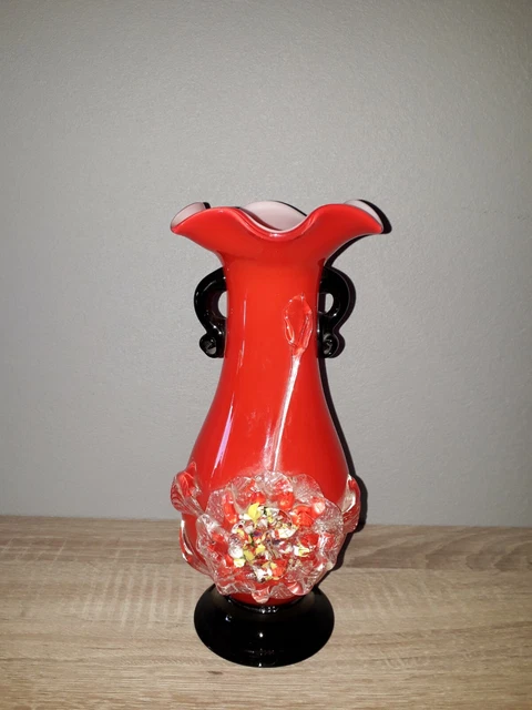 Grand Vase En Verre Soufflé Style Murano – Coloré, Bord Large, Noir Et Rouge