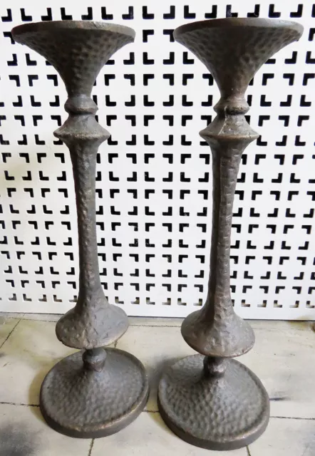 Vintage Bronze Arts & Crafts Candlesticks Pair Set Candle Holders Hammered 14.5"