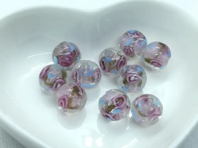10 pink flower design clear glass lampwork Indian handmade beads Approx 10mm