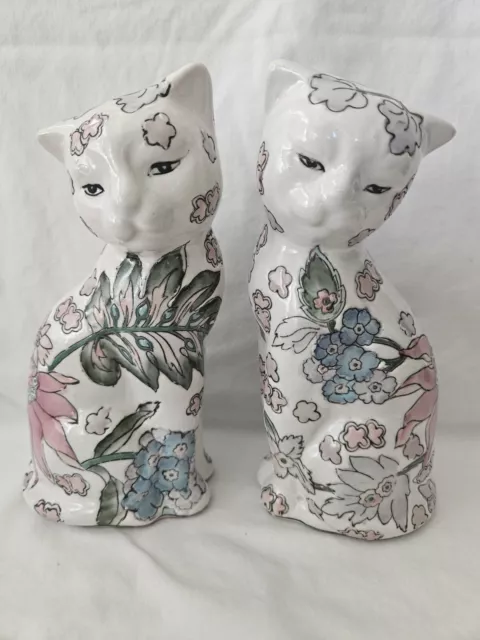2 Vtg Oriental Asian Floral Tattoo Ceramic Handpainted Cat Kitten Figurines 7.6"