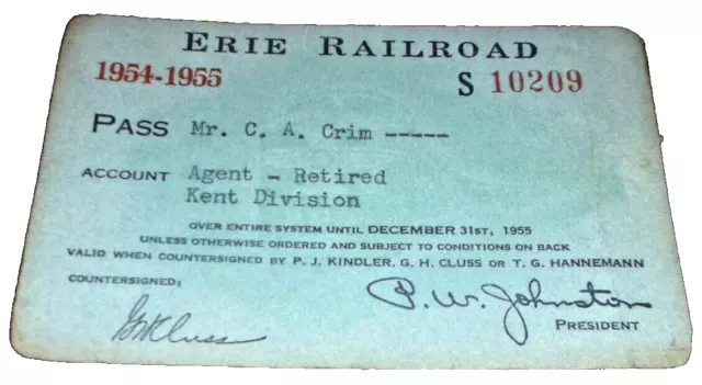 1954 1955 Erie Railroad Company Employee Pass #10209