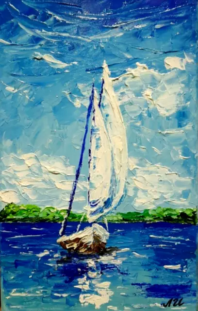 Oil painting 5x8". White sailboat. Seascape. Modern stylish mini art.