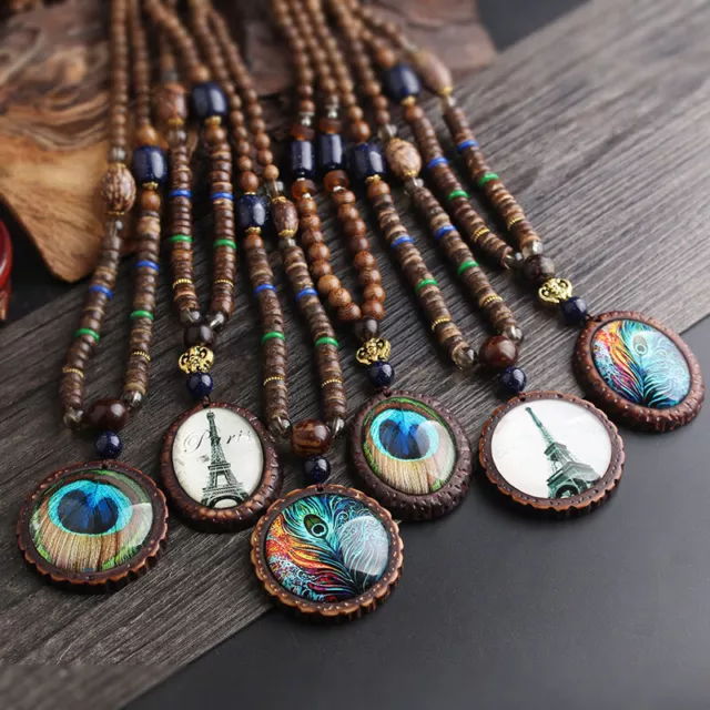 Nepal Handmade Wood Beads Long Necklaces Women Ethnic Peacock Feather Necklace