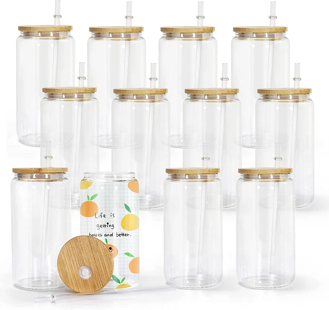 12 Pack 16Oz Clear Sublimation Glass Blanks with Bamboo Lid, Sublimation Glass C