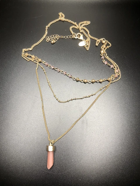 Charming Charlie Gold Tone Multi Strand Necklace Faux Rose Quartz Pendant