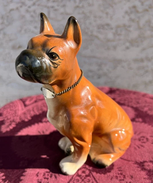 Antique Boxer Dog Porcelain Figurine With Chain Name Tag Collar 5.75 Inches