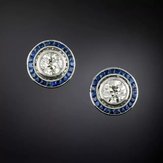 Art Deco Style European Cut Lab Created Diamond & Sapphire Stud Silver Earrings
