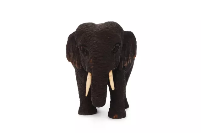 Teak Wood Elephant Sculpture Hand Carved Wooden Figurine Lucky Statue 6.5"L 2