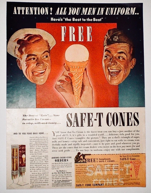 1942 WW2 ICE Cream SAFET CONES Attention Men In Uniform VINTAGE