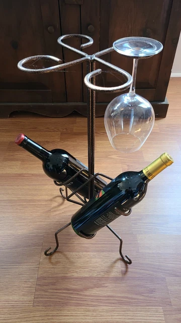 Wrought Iron Tabletop Wine Bottle & Glass Stand Rack Holder, Crackle finish
