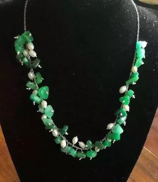 Freshwater Pearl & Green Jade Chip Necklace & Matching Earrings Silver Tone HSN