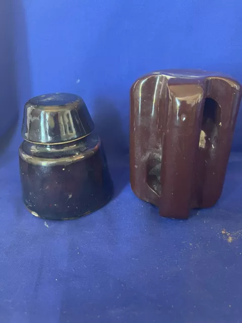 Vintage Brown Porcelain Insulator Guy Wire “Johnny Ball” and Pole Insulator