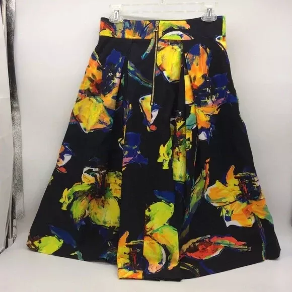 Milly 'Luna' Tropical Floral Print on Black Background Pleated Midi Full Skirt 2