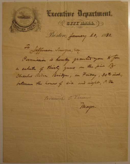 1880 Antico Boston Ma 250 Anniversario 30 Pistola Saluto Charles Fiume Mayor
